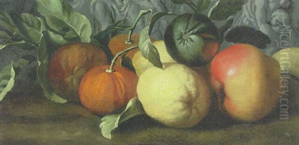 Oranges, Lemons, A Lime And An Apple On A Shelf Against A Stone Bas-relief Oil Painting by Abraham Brueghel