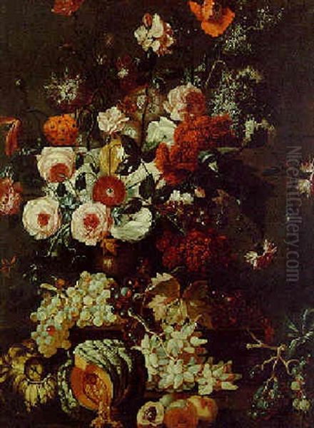 Roses And Other Flowers In An Urn With Grapes, A Melon And Peaches On A Ledge Oil Painting by Abraham Brueghel