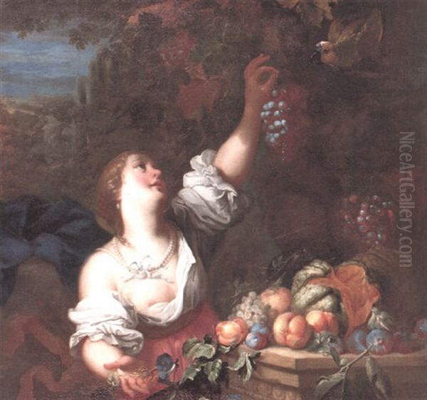 Woman Holding A Bunch Of Grapes Up To A Parrot Oil Painting by Abraham Brueghel