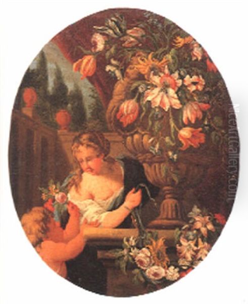 Child Handing A Small Bouquet Of Flowers To A Woman Tying A Garland Of Flowers To A Stone Plinth by Abraham Brueghel