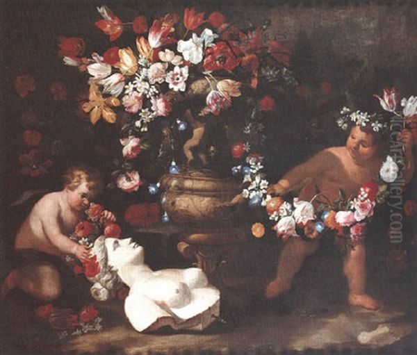 Putti Ornant De Guirlandes De Fleurs Un Buste De Femme Sculpte, Gisant Au Pied D'une Vasque Fleurie Oil Painting by Abraham Brueghel