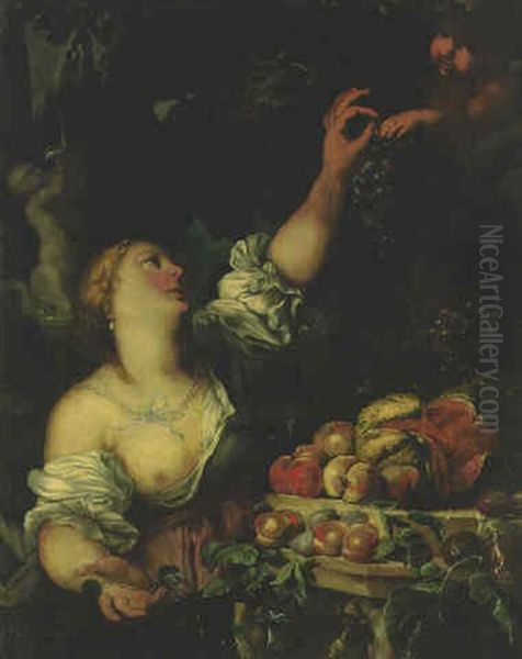 A Woman With A Putto Picking Grapes In A Garden By A Fountain With Fruit Oil Painting by Abraham Brueghel