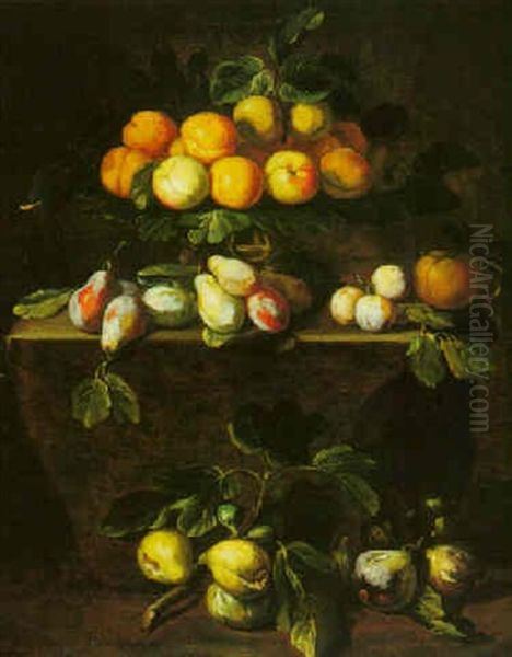 Still Life Of Peaches, Plums, Pomegranates And Other Fruit In A Gilt Tazza And Around A Stone Ledge Oil Painting by Abraham Brueghel