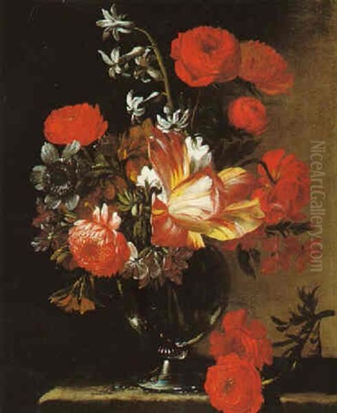 Still Life Of Tulips, Roses And Carnations In A Glass Vase, Upon A Stone Plinth Oil Painting by Abraham Brueghel