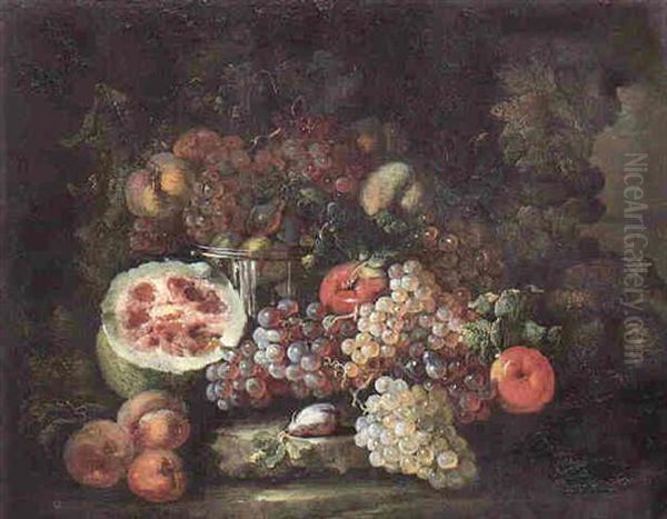 A Still Life Of Fruit On A Rocky Ledge Oil Painting by Abraham Brueghel