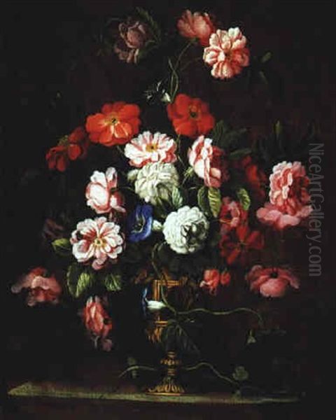 Groser, Dekorativer Blumenstraus Von Rosen Und Akeleien In Einer Prunkvase Oil Painting by Abraham Brueghel