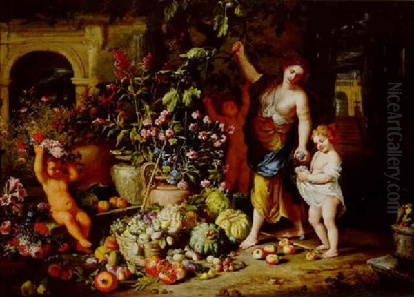 A Young Woman Picking Figs With Three Children In A Terraced Garden Oil Painting by Abraham Brueghel