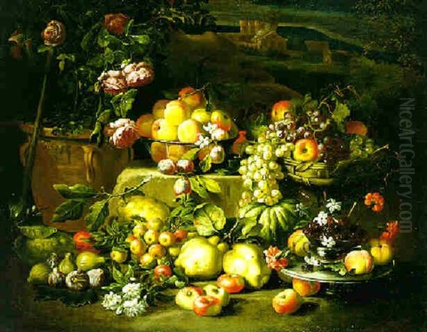 Still Life Of Fruit In A Woven Basket And An Urn With Birds And Flowers Scattered In A Landscape Oil Painting by Abraham Brueghel