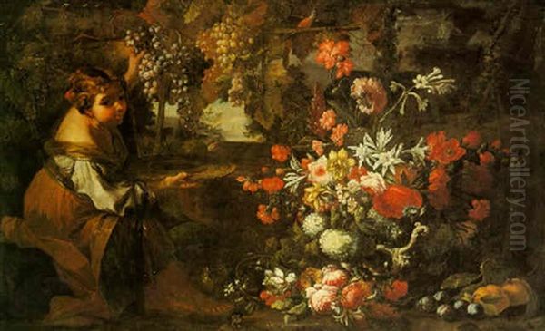 Still Life Of Fruit And Flowers With A Maidservant Gathering Grapes Oil Painting by Abraham Brueghel