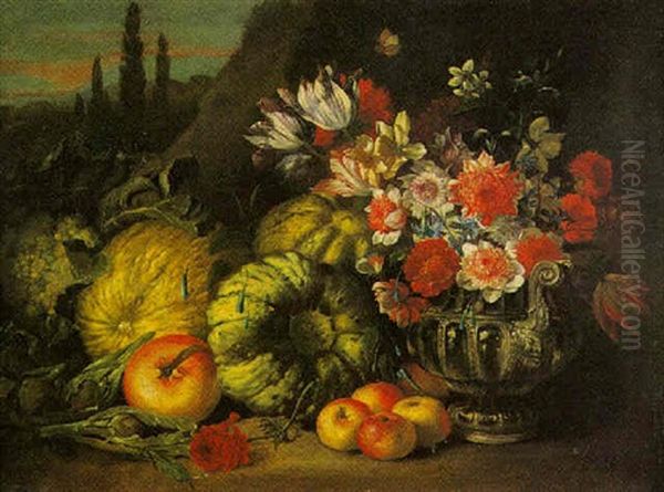 Still Life Of A Watermelon, Grapes, Pears, Apples And Other Fruit On A Stone Ledge by Abraham Brueghel