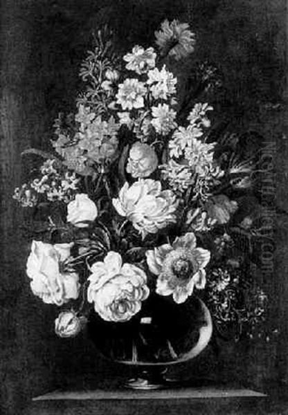 Bouquet De Fleurs Dans Un Vase En Verre Sur Un Entablement Oil Painting by Abraham Brueghel