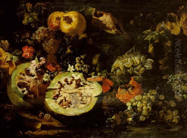 Still Life Of Watermelons, Grapes, Pomegranates, Carnations And Other Flowers Oil Painting by Abraham Brueghel