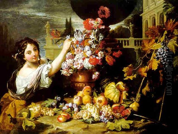 A Young Woman Arranging Flower In An Urn, With Fruit On A Ledge With A Villa Beyond Oil Painting by Abraham Brueghel