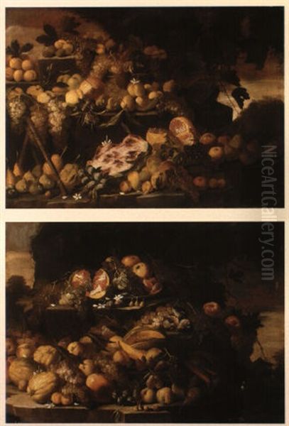 Still Lifes Of Fruit On Stepped Stone Ledges Oil Painting by Abraham Brueghel