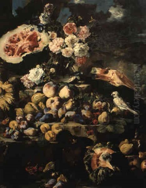 Natura Morta Di Frutta Con Uccellino E Fiori In Un Vaso Di Vetro Oil Painting by Abraham Brueghel