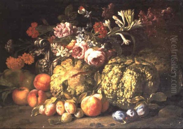 Melons, Peaches, Plums, Pears And A Vase Of Flowers On A Bank Oil Painting by Abraham Brueghel