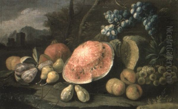 A Sliced Melon And Other Fruit In A Landscape Oil Painting by Abraham Brueghel