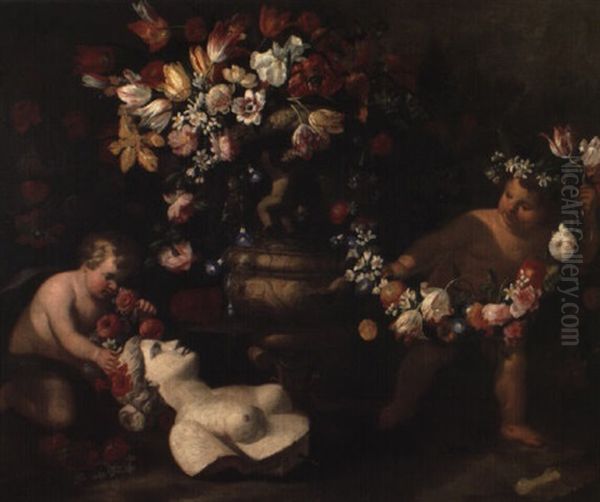 Putti Ornant De Guirlandes De Fleurs Un Buste De Femme Oil Painting by Abraham Brueghel