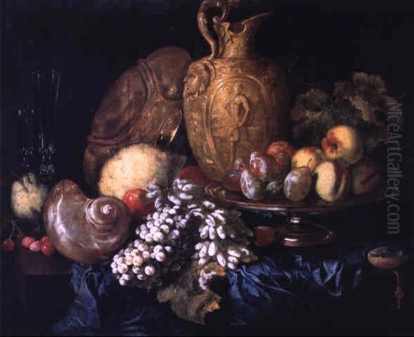 Nature Morte Aux Fruits Et Aux Pieces D'orfevrerie Sur Un Entablement Oil Painting by Abraham Brueghel