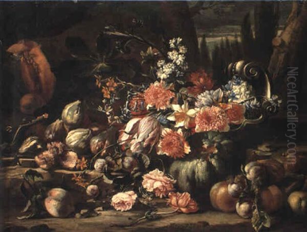 Flowers In A Silver Fruit Dish And Fruit On A Rocky Bank Oil Painting by Abraham Brueghel