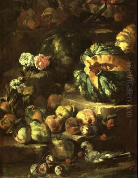 Still Life With Bowl Of Fruit And A Jay On A Rocky Bank Oil Painting by Abraham Brueghel