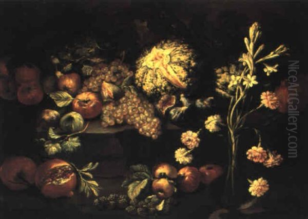 Natura Morta Con Frutta Ed Un Vaso Di Vetro Con Fiori Oil Painting by Abraham Brueghel