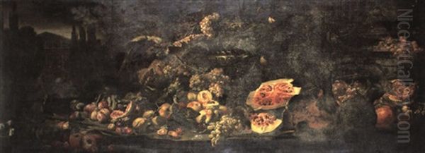 A Still Life Of Figs, Apples, Plums, Grapes, Melons And     Pomegranates, With A Green Parrot And A Silver Vase, A Oil Painting by Abraham Brueghel