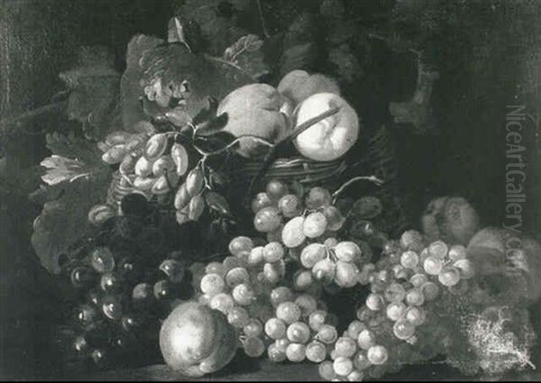 Peaches In A Basket With Grapes On A Ledge Oil Painting by Abraham Brueghel