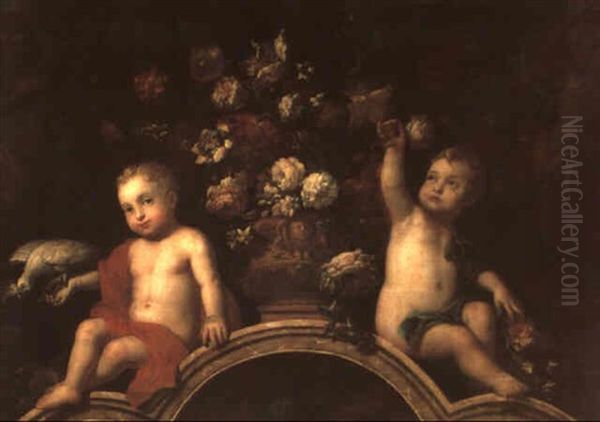 Putti Mit Blumenstraus Und Papagei Oil Painting by Abraham Brueghel