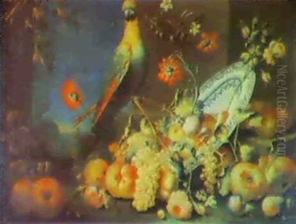 An Elegent Floral Still Life With Pomegranates In A Classical Landscape  An Elegant Floral Still Life ... Oil Painting by Abraham Brueghel