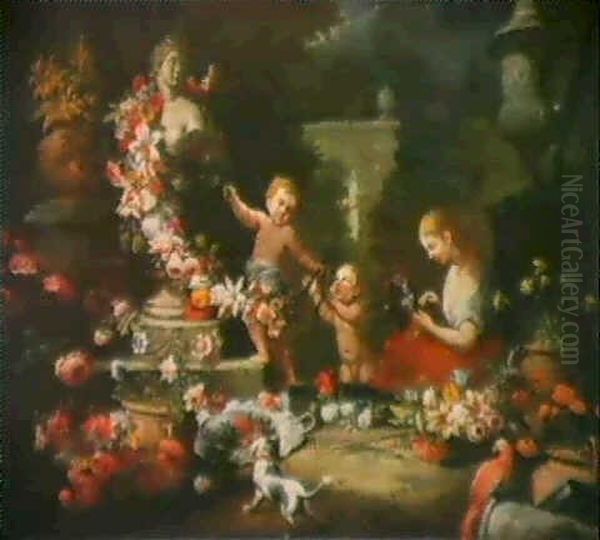 Enfants Ornant Une Statue D'une Guirlande De Fleurs Oil Painting by Abraham Brueghel