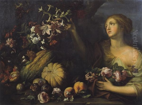 Natura Morta Con Frutta, Composizioni Floreali E Figura     Femminile Oil Painting by Abraham Brueghel