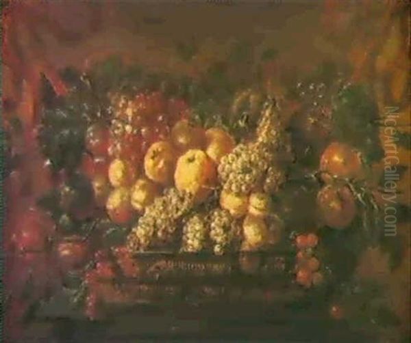 Apples, Grapes, Cherries, Redcurrants, A Melon And Other    Fruit In A Basket On A Plinth Oil Painting by Abraham Brueghel