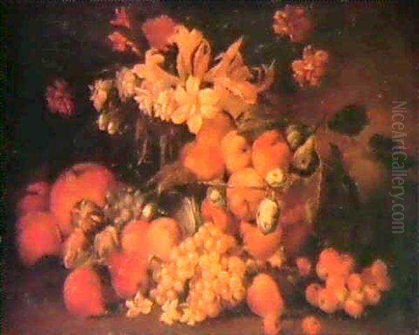 Grenade, Sorbe, Poire, Figuresraisins, Peches, Oeillets, Lyset Seringats, Fleurs De Jasminsur Un Entablement Oil Painting by Abraham Brueghel