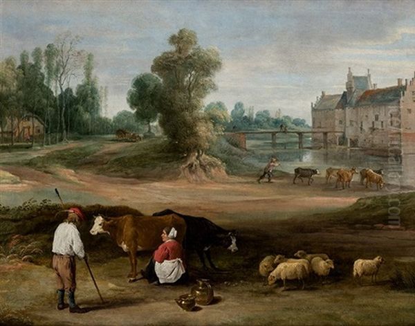 Paisaje Con Campesinos Ordenando Vacas Y Palacio Al Fondo Oil Painting by Ambrosius Brueghel