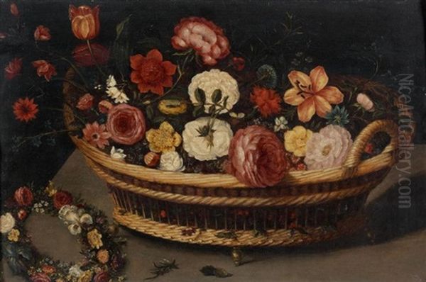 Panier Et Couronnes De Fleurs Sur Un Entablement Oil Painting by Ambrosius Brueghel