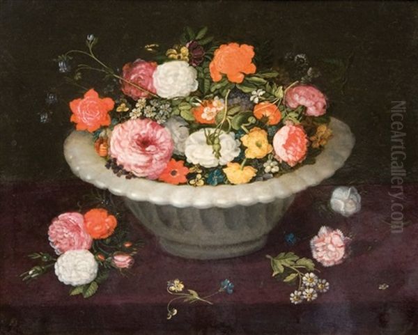 Coupe De Fleurs Et Jetee De Fleurs Sur Un Entablement Oil Painting by Ambrosius Brueghel