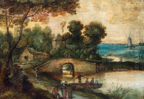 Flusslandschaft Mit Einer Steinernen Brucke, Einem Turm, Einem Bauernhaus, Einer Windmuhle Und Figuren Oil Painting by Ambrosius Brueghel