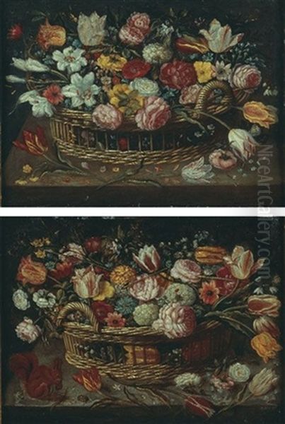 Nature Morte Aux Panier De Fleurs Sur Un Entablement (+ Another; Pair) Oil Painting by Ambrosius Brueghel