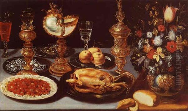 Nature Morte D'apparat Au Nautile, Pieces D'orfevrerie, Vase De Fleurs, Volaille, Mures, Verre En Cristal De Venise Et Pain Oil Painting by Ambrosius Brueghel