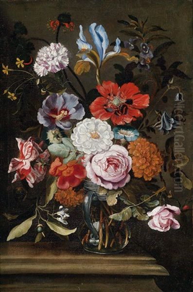 Ein Blumenstraus Mit Iris, Nelke, Aster, Orangenblute, Wicken Und Rosen In Einem Glasernen Henkelkrug Oil Painting by Ferdinand Brueghel