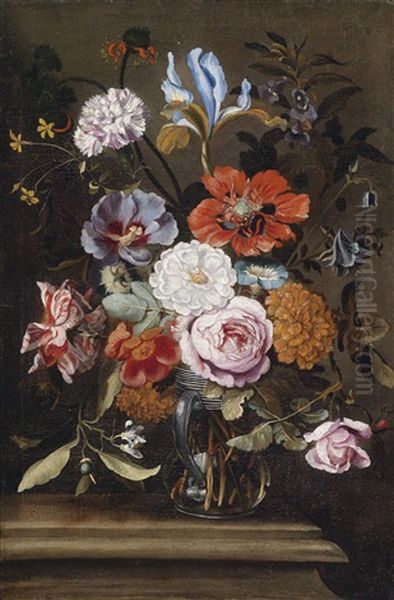 Ein Blumenstraus Mit Iris, Nelke, Aster, Orangenblute, Wicken Und Rosen In Einem Glasernen Henkelkrug by Ferdinand Brueghel