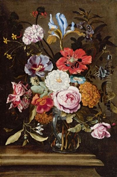 Ein Blumenstraus Mit Iris, Nelke, Aster, Mohnblume, Orangenblute, Wicke Und Rosen In Einem Glasernen Henkelkrug Oil Painting by Ferdinand Brueghel