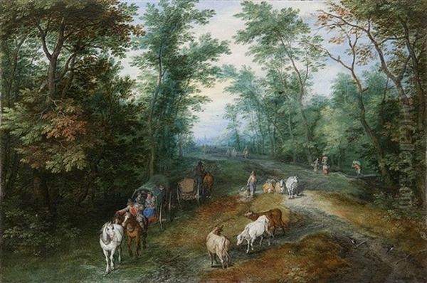 Wooded Landscape With Travellers On A Country Road Oil Painting by Jan Baptiste Brueghel