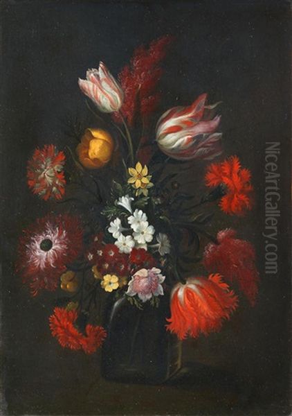 Tulips, Auricula, Narcissi And Other Flowers In A Glass Vase Oil Painting by Jan Peeter Brueghel