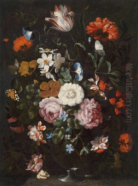 Blumenstillleben, Mit Winden, Tulpen, Rosen Und Anderen Blumen In Einer Glasvase; Blumenstillleben Mit Iris, Rosen, Narzissen Und Anderen Blumen In Einer Glasvase (pair) Oil Painting by Jan Peeter Brueghel