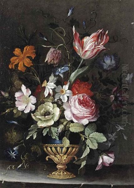 Roses, Peonies, A Tulip, Daffodils, Morning Glory And Other Flowers In A Blue Lacquer And Gilt Vase On A Stone Ledge Oil Painting by Jan Peeter Brueghel