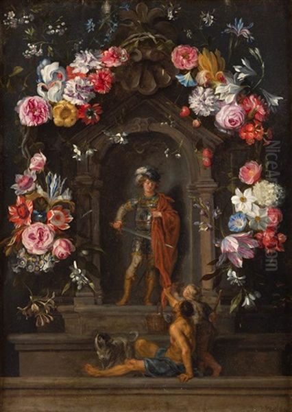 Par De Guirnaldas De Flores Con San Martin Y La Magdalena Oil Painting by Jan Peeter Brueghel