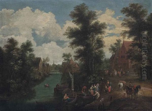 A River Landscape With Figures On The Bank, A Village Beyond Oil Painting by Jan Peeter Brueghel