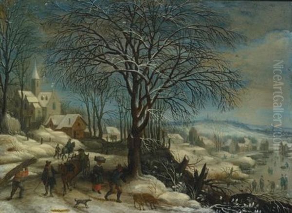 A Winter Landscape With Figures On A Path, A Frozen River Beyond Oil Painting by Jan Peeter Brueghel